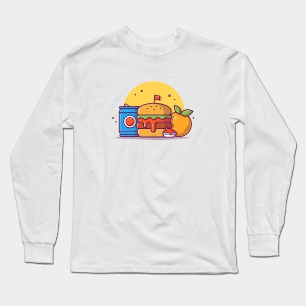 Burger with Soda, Ketchup, and Orange Fruit Cartoon Vector Icon Illustration Long Sleeve T-Shirt by Catalyst Labs